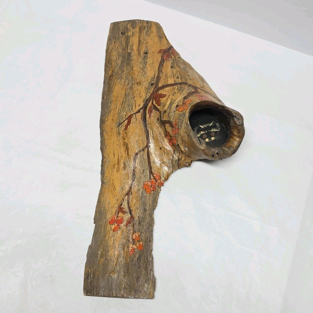 Hand Painted Raccoon In The Hollow Wooden Rustic Art Plaque By M.E. Terselic 80s